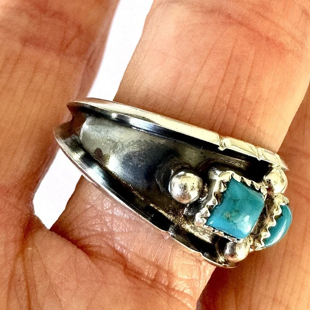 Navajo Turquoise Mens Band Sz 11 Three Stone‎ Ring 12mm Sterling Dark Cadman